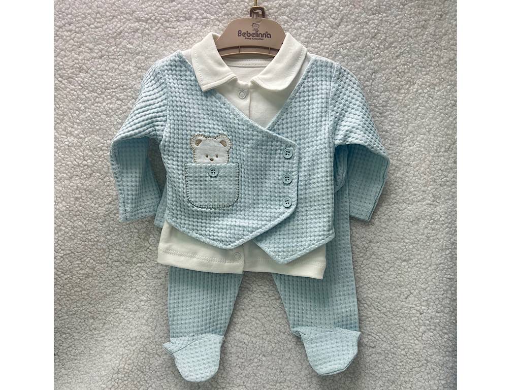 ست بیمارستانی مجلسی 5 تکه طرح جلیقه  آبی با طرح تدی ب ب لینا  bebelinna