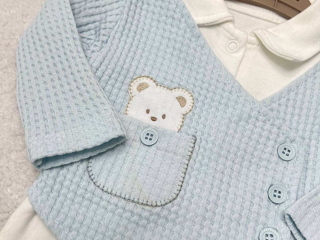 ست بیمارستانی مجلسی 5 تکه طرح جلیقه  آبی با طرح تدی ب ب لینا  bebelinna