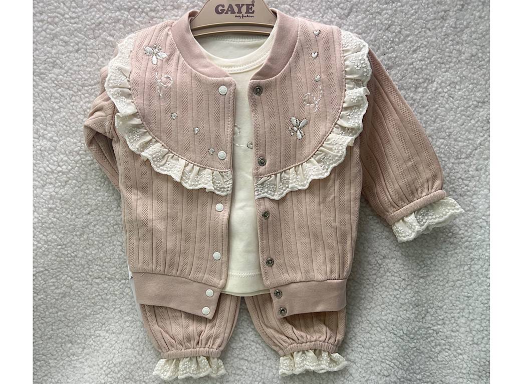 ست 3 تکه نوزادی دخترانه  طرح  زنبور و گل G.a.y.e ترکیه