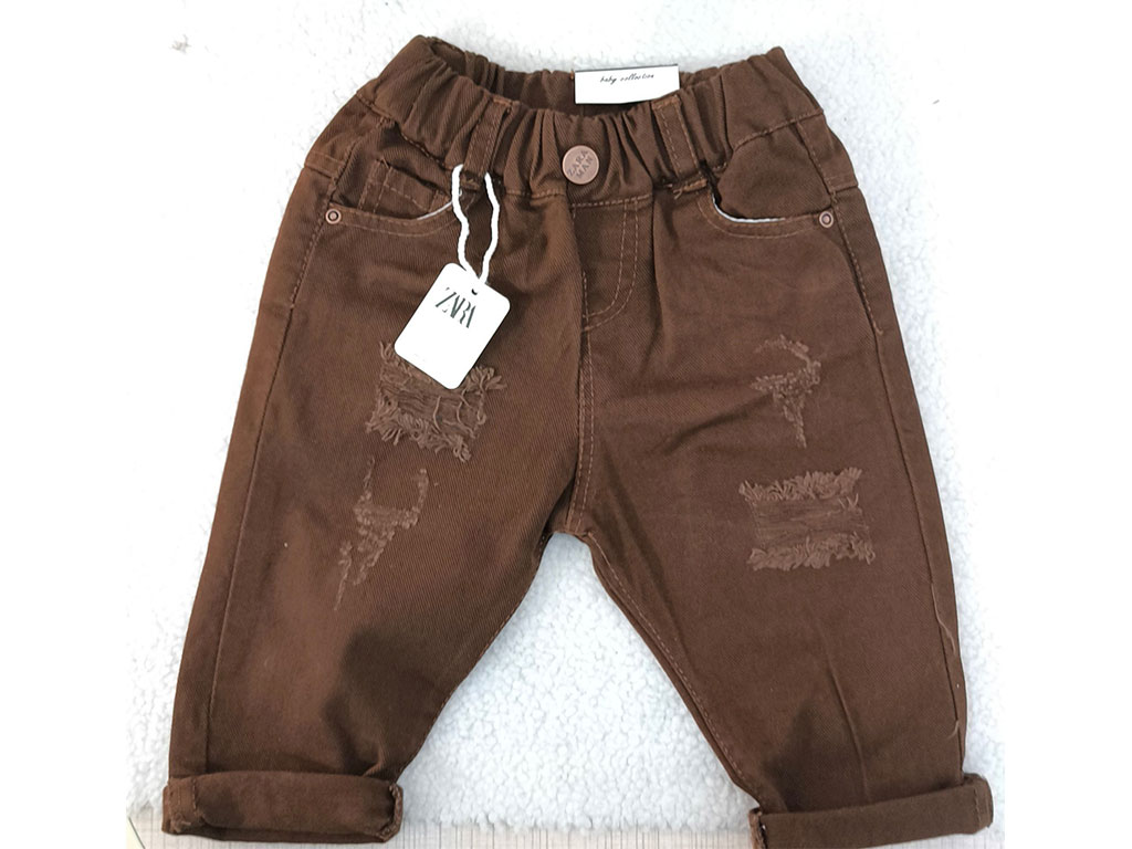 شلوار کتان زاپ دار نوزاد و کودک رنگ قهوه ای تیره
