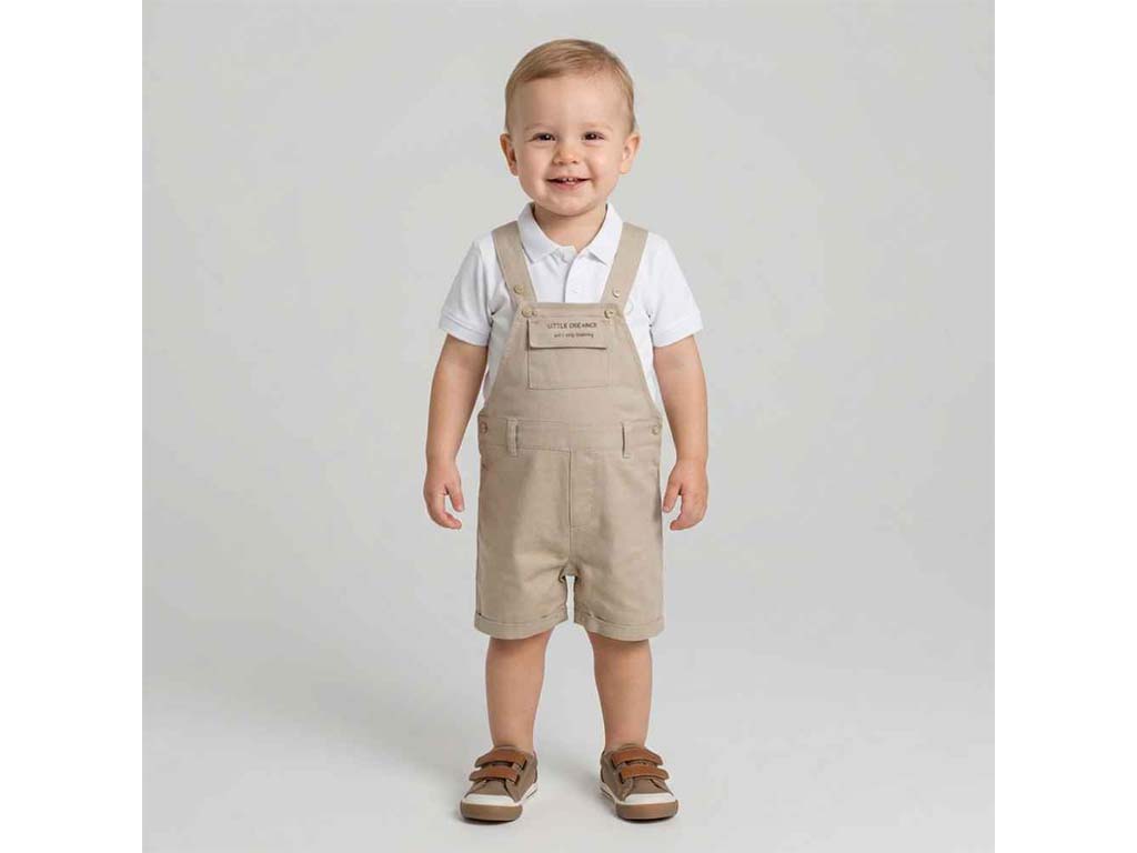 تیشرت و شلوارک پیشبندی نوزادی پسرانه رنگ کرم مدل Mehrad پاپو papo