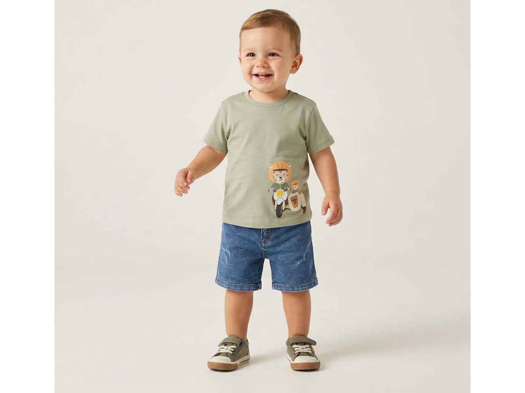 تیشرت و شلوارک جین پسرانه طرح ببر موتور سوار مدل fardad پاپو papo