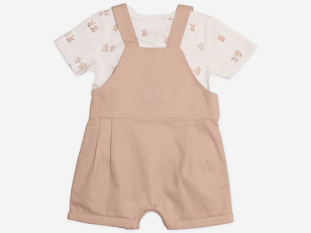 تیشرت و شلوارک پیشبندی نوزادی دخترانه رنگ صورتی چرک طرح خرگوش مدل SEPIDEH پاپو papo