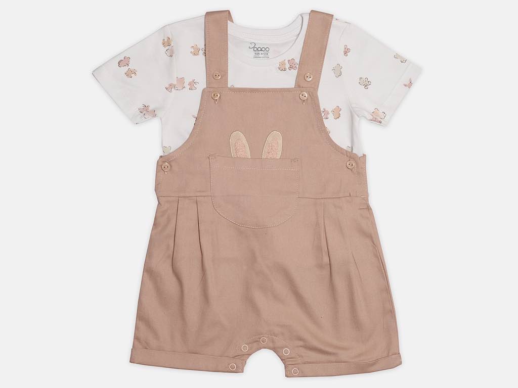 تیشرت و شلوارک پیشبندی نوزادی دخترانه رنگ صورتی چرک طرح خرگوش مدل SEPIDEH پاپو papo