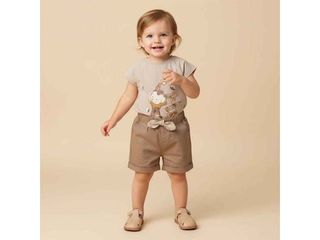 تیشرت و شلوارک کتان دخترانه طرح دختر و گربه مدل  SHABNAM پاپو papo