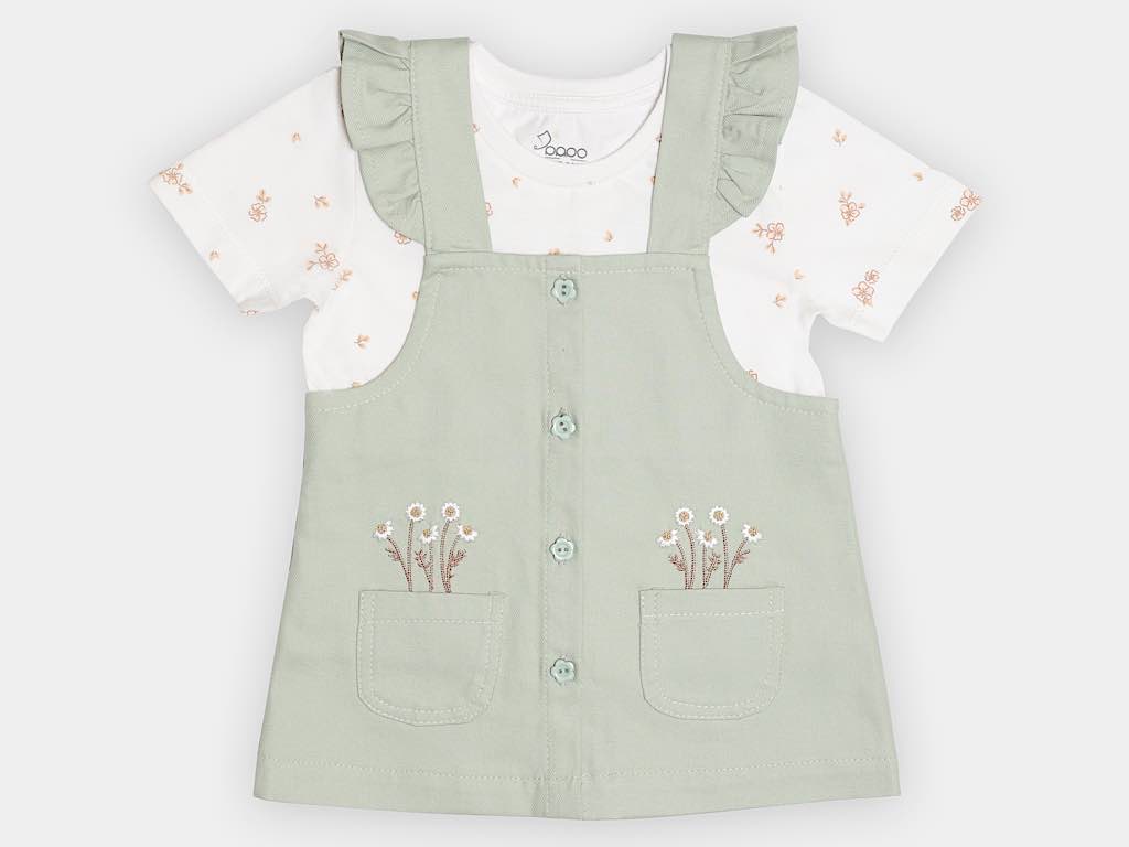 تیشرت و دامن کتان پیشبندی سبز رنگ دخترانه طرح گل مدل  PARVANE  پاپو papo
