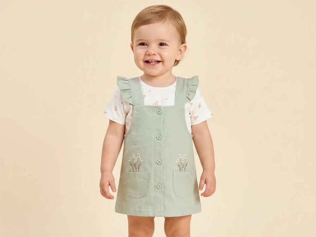 تیشرت و دامن کتان پیشبندی سبز رنگ دخترانه طرح گل مدل  PARVANE  پاپو papo