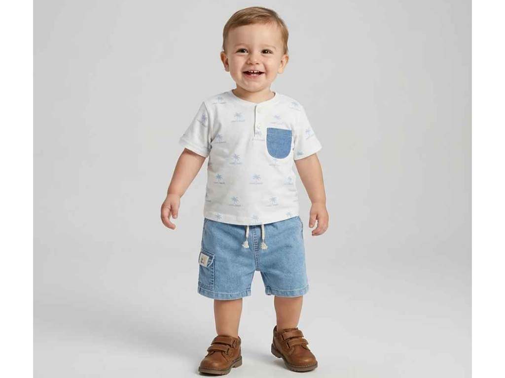 تیشرت و شلوارک جین پسرانه طرح نخل آبی  سوار مدل Samin پاپو papo