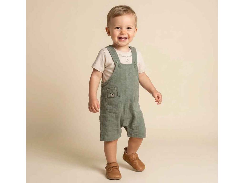 تیشرت و شلوارک پیشبندی موسلین نوزادی پسرانه رنگ سبز و کرم مدل ramtin پاپو papo