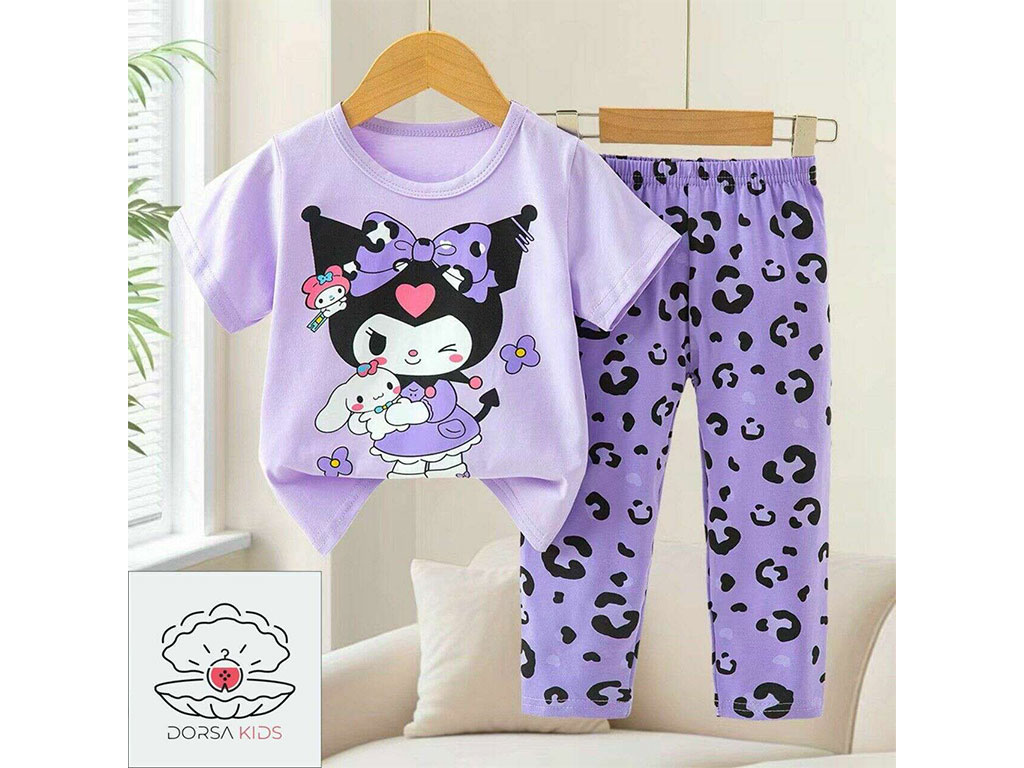 ست لباس بلوز و شلوار راحتی کرومی با پاپیون بنفش