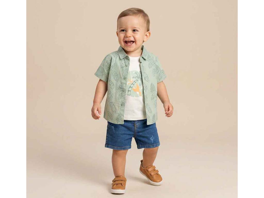 ست تیشرت، شومیز و شلوارک جین نوزادی پسرانه طرح هاوایی مدل Sahand  پاپو papo