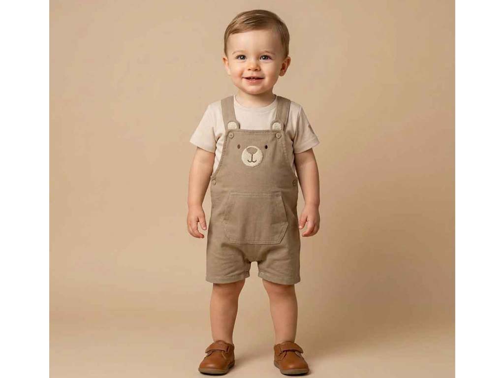 تیشرت و شلوارک پیشبندی نوزادی پسرانه رنگ  کرم با طرح تدی مدل pedram پاپو papo