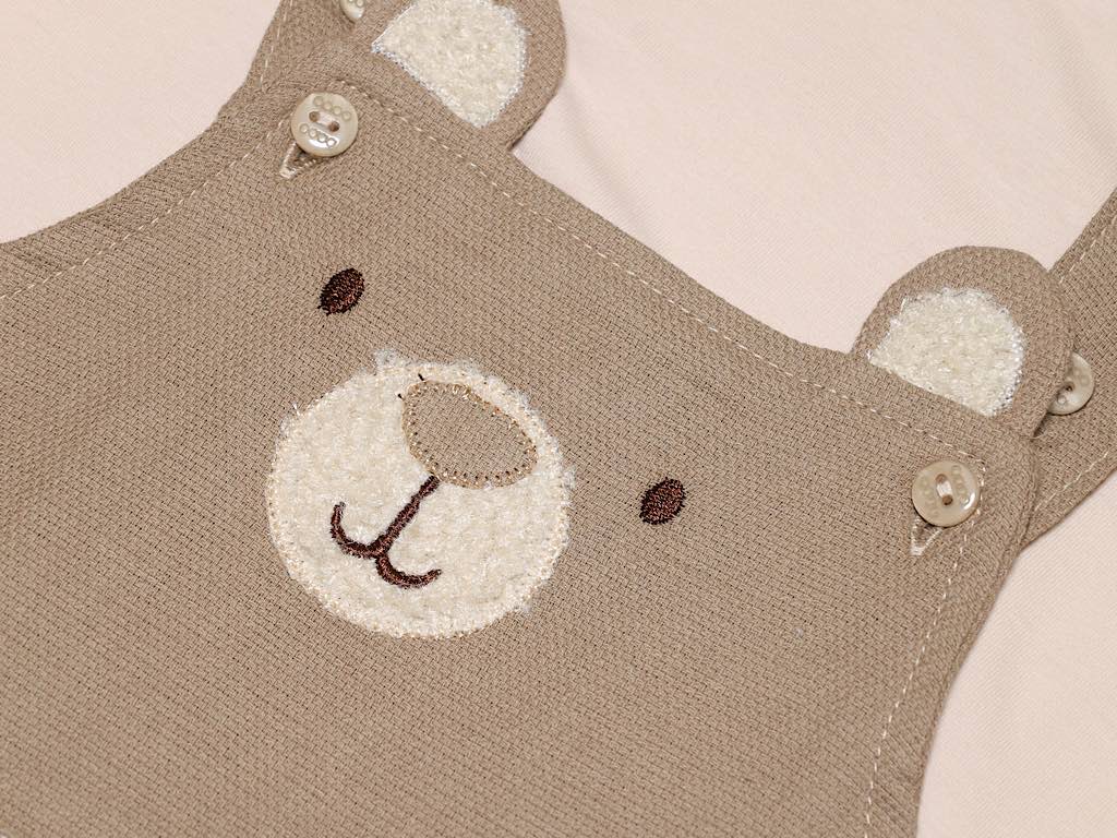 تیشرت و شلوارک پیشبندی نوزادی پسرانه رنگ  کرم با طرح تدی مدل pedram پاپو papo