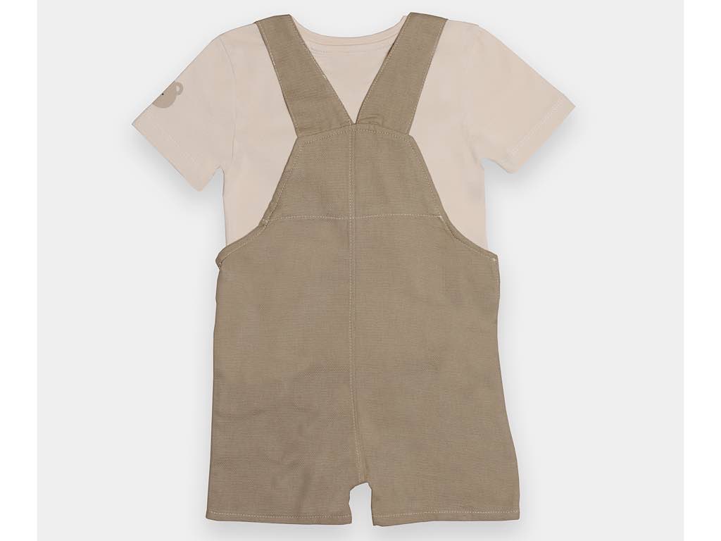 تیشرت و شلوارک پیشبندی نوزادی پسرانه رنگ  کرم با طرح تدی مدل pedram پاپو papo