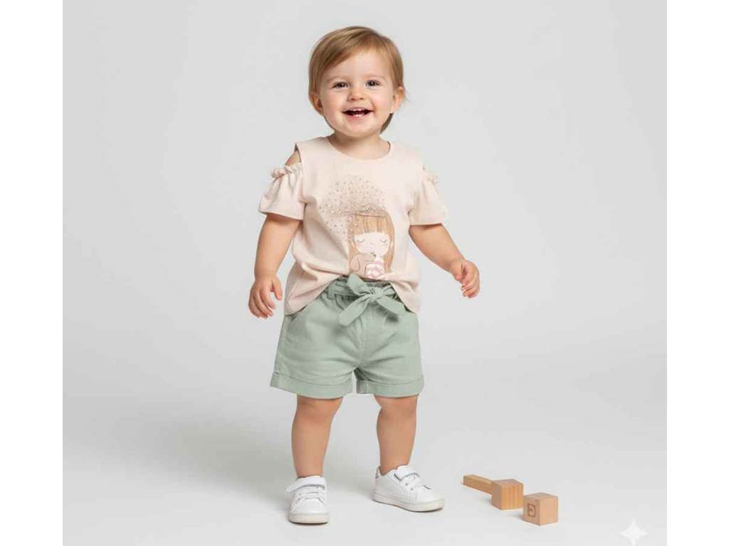 تیشرت و شلوارک کتان دخترانه کرم و سبز رنگ طرح دختر با پاپیون توری مدل  saye پاپو papo