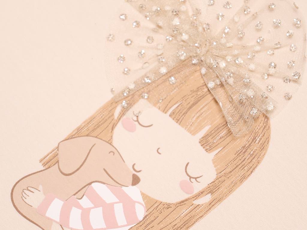 تیشرت و شلوارک کتان دخترانه کرم و سبز رنگ طرح دختر با پاپیون توری مدل  saye پاپو papo