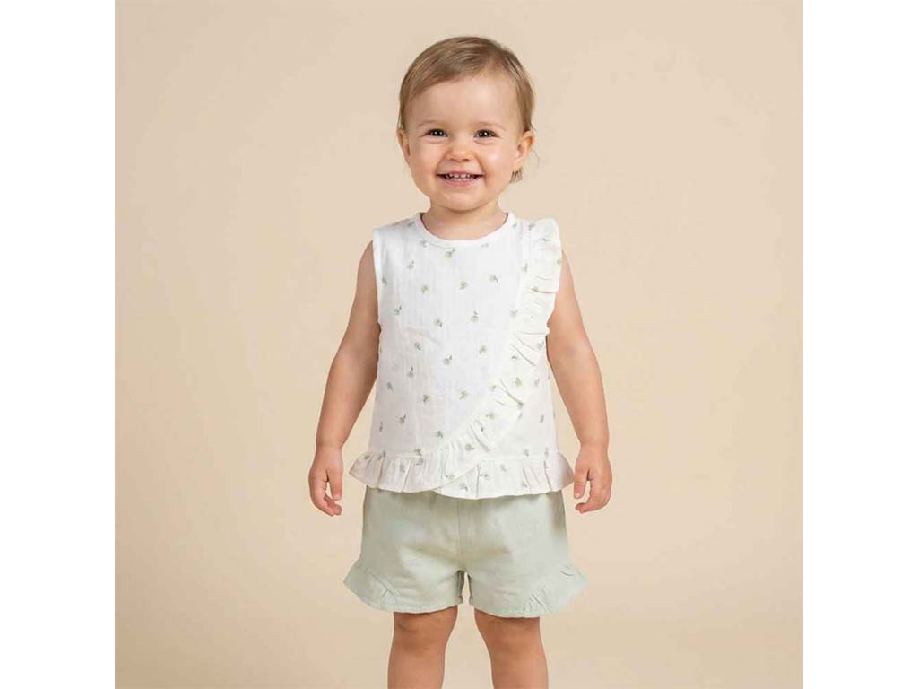 شومیز و شلوارک سبز کاهویی دخترانه طرح گل  مدل  bita پاپو papo