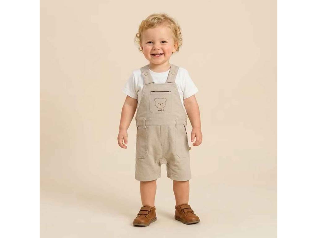 تیشرت و شلوارک پیشبندی نوزادی پسرانه طرح تدی  رنگ کرم مدل mahyar پاپو papo