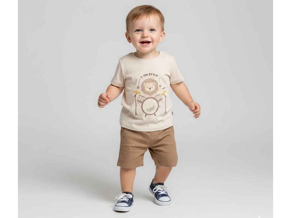 تیشرت و شلوارک کتان پسرانه طرح شیر و درام مدل Give پاپو papo