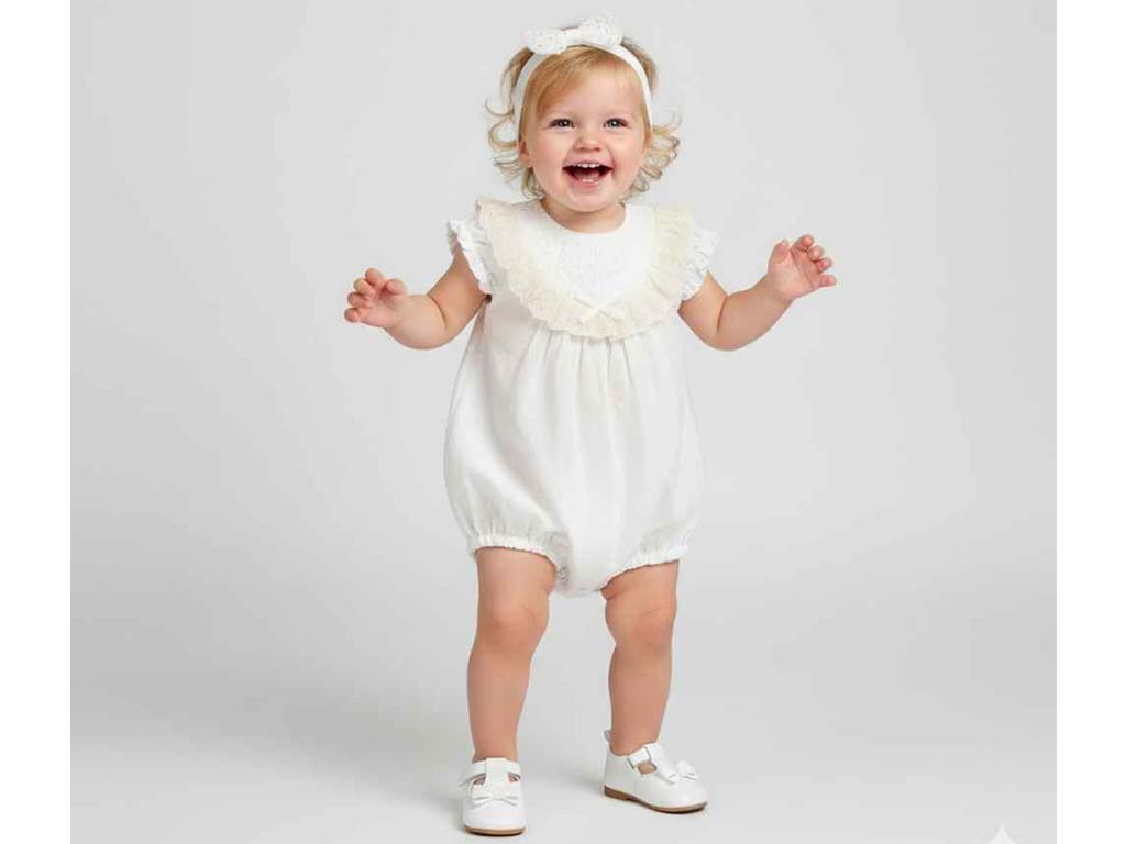 رامپر مجلسی با هدبند نوزادی دخترانه رنگ شیری مدل baranak پاپو papo