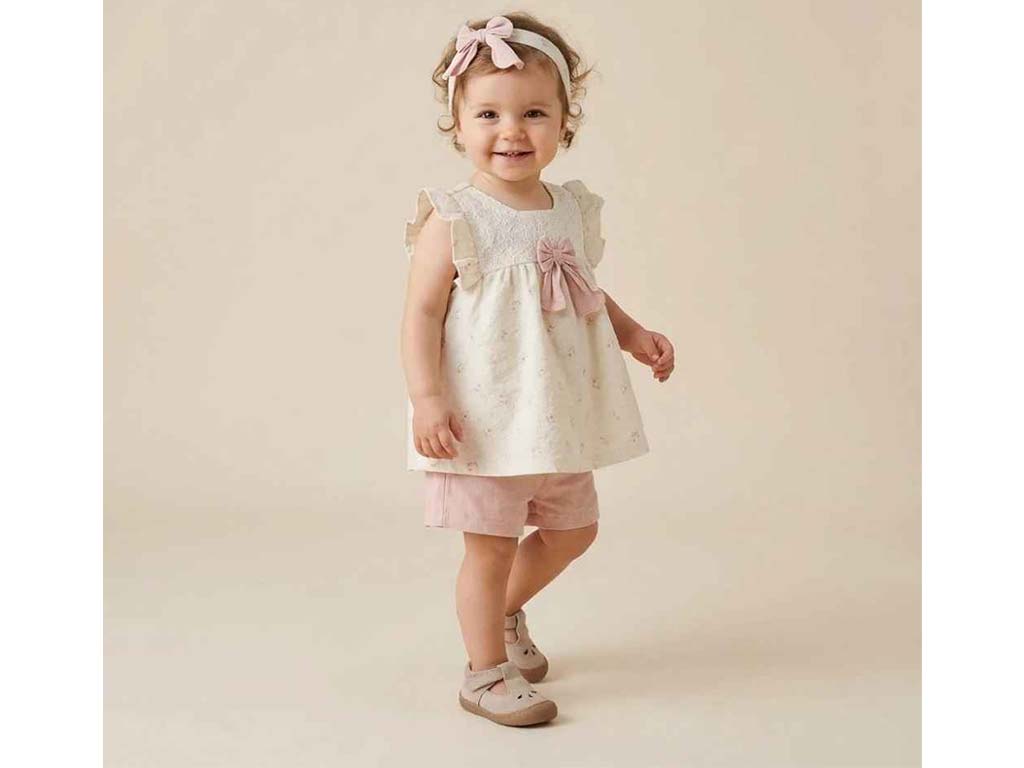 تونیک و شلوارک  و هدبند کرم و کالباسی دخترانه طرح گل  مدل  termeh پاپو papo