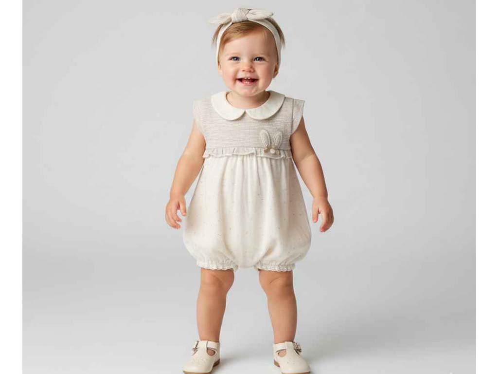 رامپر مجلسی با هدبند نوزادی دخترانه رنگ کرم روشن با طرح خرگوش و ستاره مدل mahtinar پاپو papo