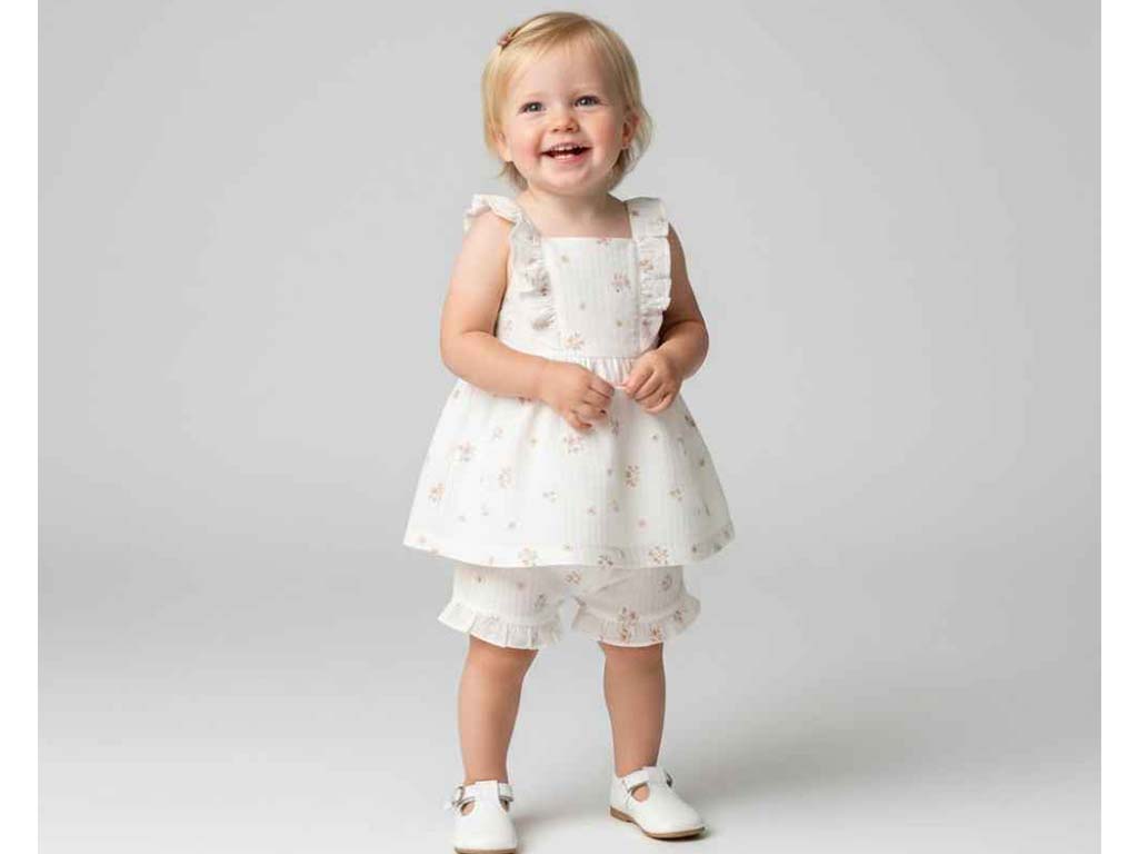 تونیک و شلوارک شیری با گل های کالباسی و کرم دخترانه طرح گل  مدل  afrina پاپو papo