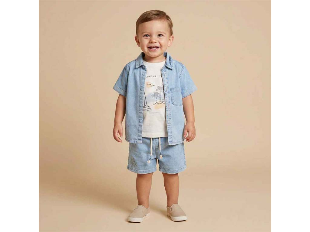 ست سه تکه تیشرت، شومیز و شلوارک جین نوزادی پسرانه مدل  mahbod  پاپو papo