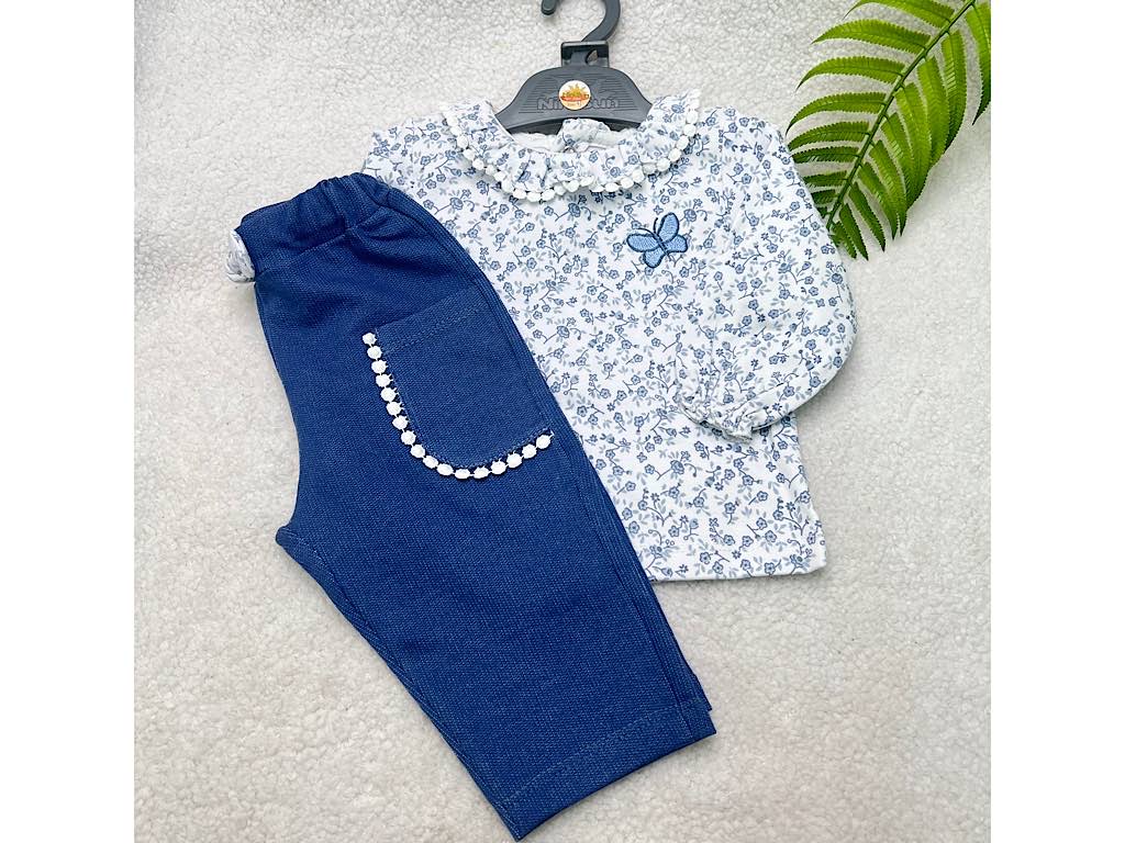 ست بلوز و شلوار گلدوزی دار سفید و آبی طرح گل و پروانه نی نی سان nini sun