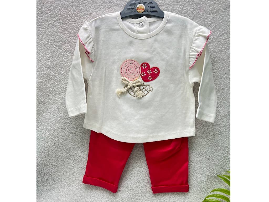 ست بلوز و شلوار گلدوزی دار سفید و سرخابی طرح آبنبات و قلب نی نی سان nini sun