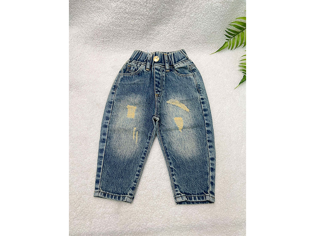 شلوار جین کمرکش مام فیت رنگ آبی گازوئیلی طرح زاپ دار