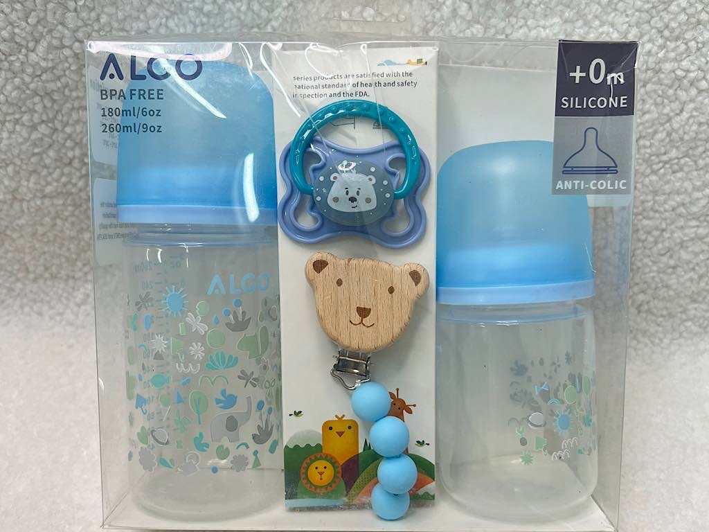 ست شیشه شیر آنتی کولیک طرحدار 180 میل و 260 میل همراه با پستانک و بند پستانک algo