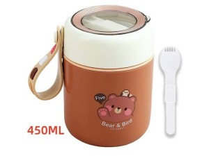 فلاسک و ظرف غذا استیل  قاشق دار 450 میلی لیتر طرح تدی با بند آویز سیلیکونی  BEARS FAMILY