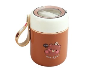 فلاسک و ظرف غذا استیل  قاشق دار 450 میلی لیتر طرح تدی با بند آویز سیلیکونی  BEARS FAMILY