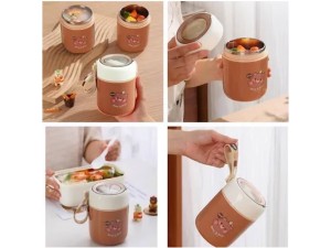 فلاسک و ظرف غذا استیل  قاشق دار 450 میلی لیتر طرح تدی با بند آویز سیلیکونی  BEARS FAMILY