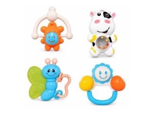 ست جغجغه و دندانگیر نوزادی 4  عددی با دستگیره آویز  baby rattles