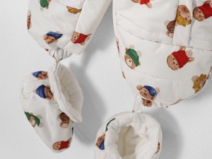 کاپشن سرهمی کلاهدار لاینردار با پاپوش و دستکش  نوزادی طرح تدی کلاهدار ایندیگو  indigo