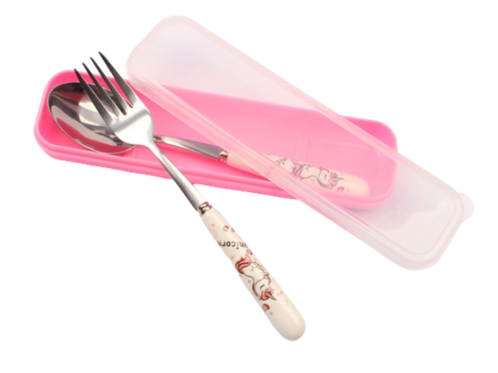 ست قاشق و چنگال دخترانه دسته سرامیکی اسب تک شاخ (تنوع طرح)