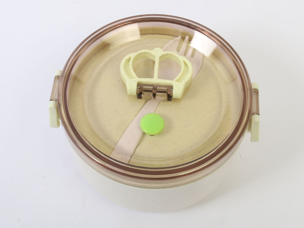 ظرف غذای لانچ باکس یک طبقه کودک بامبو همراه با قاشق چنگالی مخصوص مایکروویو مدل گرد