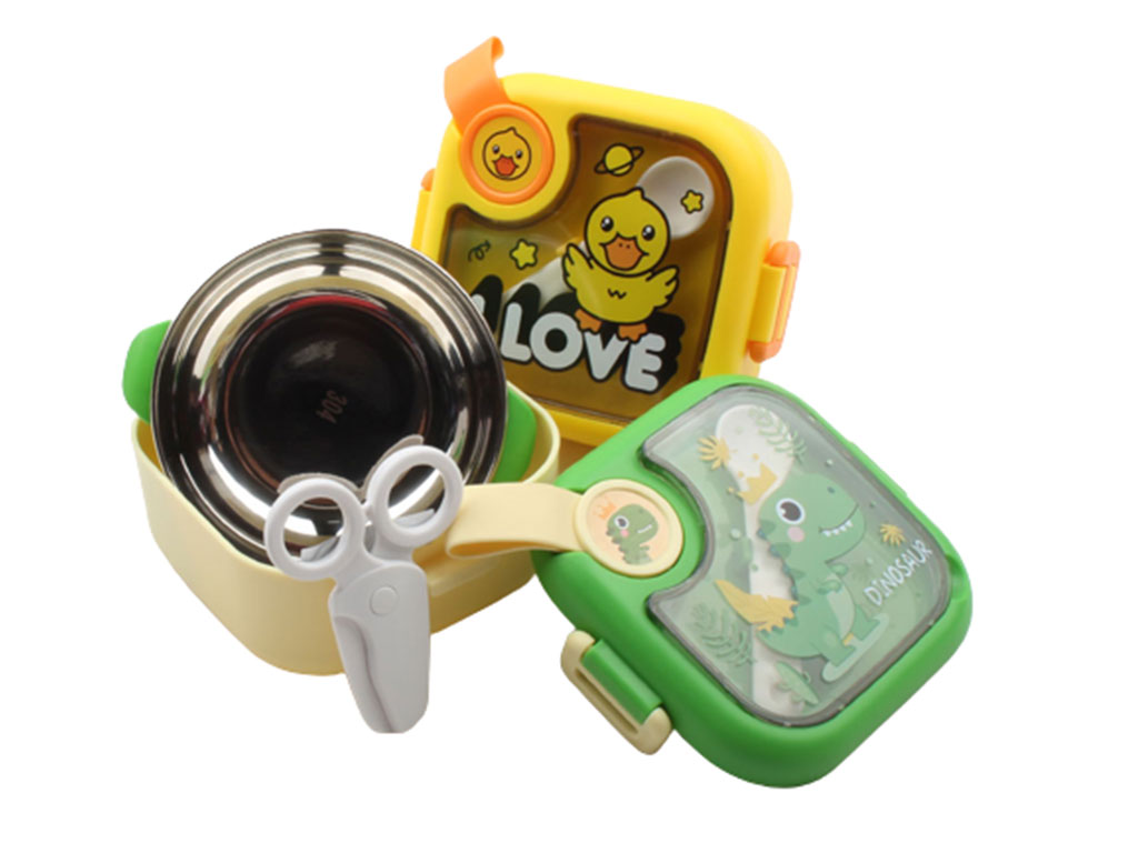 ظرف غذا استیل چند منظوره کودک به همراه قاشق و قیچی برش نودل