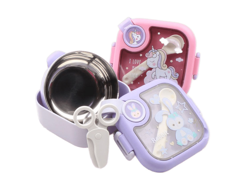 ظرف غذا استیل چند منظوره دخترانه به همراه قاشق و قیچی برش نودل