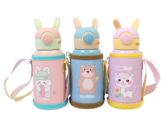 فلاسک دو کاره با سری قمقمه نی دار دکمه ای طرح خرگوش 500 میلی لیتر نوزاد و کودک همراه با کیف