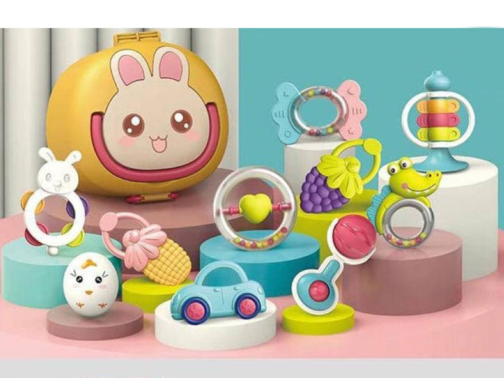 ست جغجغه و دندانگیر نوزادی 6 عددی همراه با کیف مدل Baby Rattles