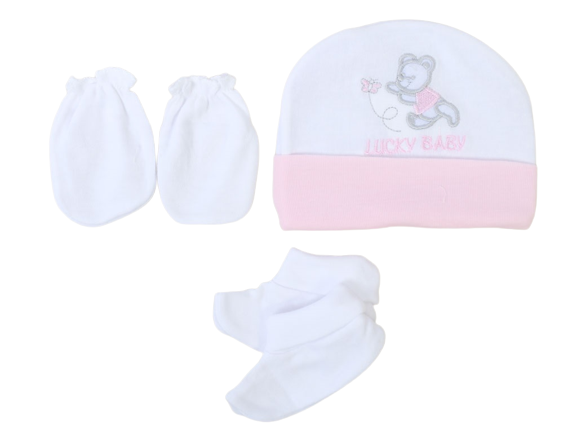 ست کلاه و دستکش و جوراب نوزادی دخترانه لاکی بیبی lucky baby