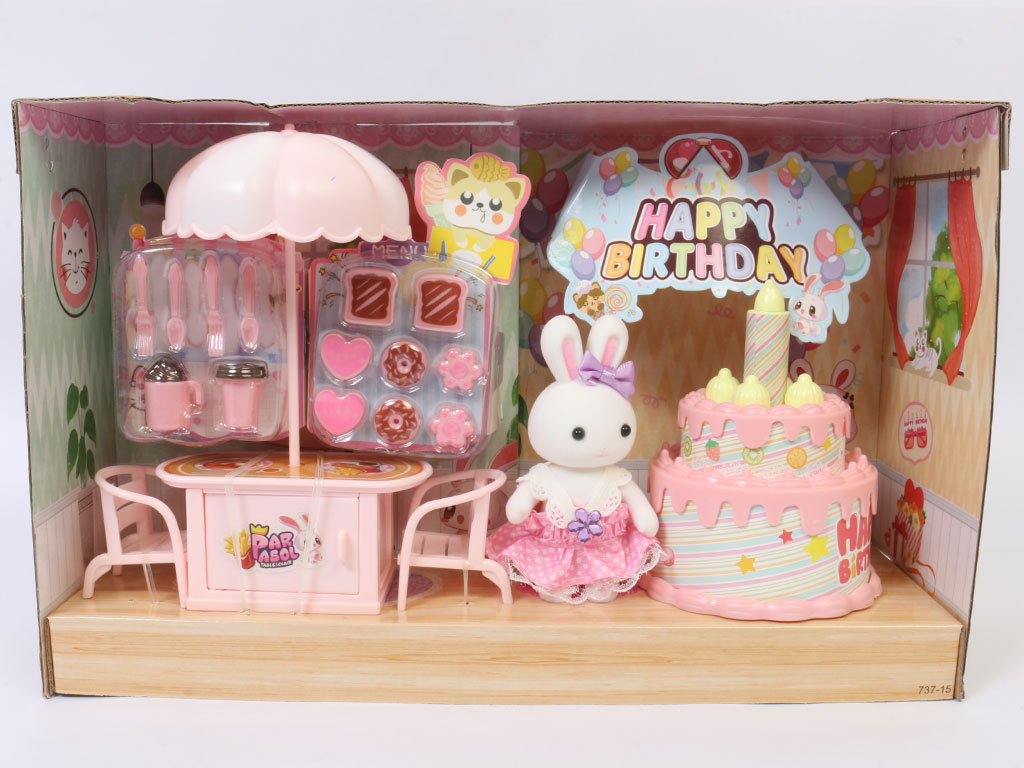 عروسک خرگوش کوچولوی فانتزی همراه با کیک و وسایل اسباب بازی