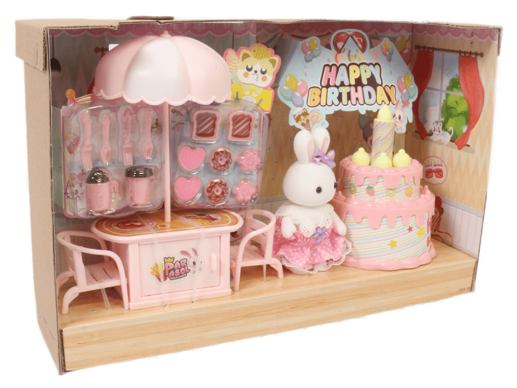 عروسک خرگوش کوچولوی فانتزی همراه با کیک و وسایل اسباب بازی