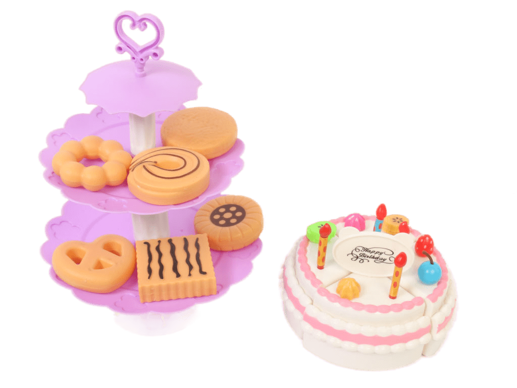 کیک برشی و استند دو طبقه شیرینی اسباب بازی
