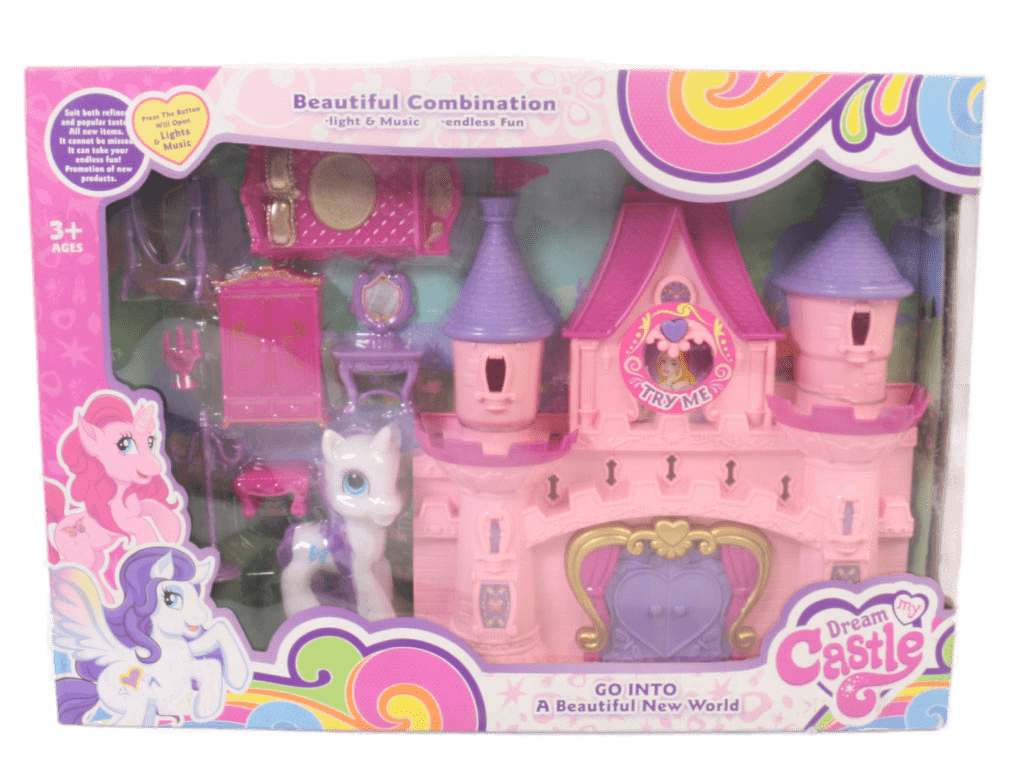 ست قصر موزیکال و چراغدار همراه با فیگور پونی و وسایل