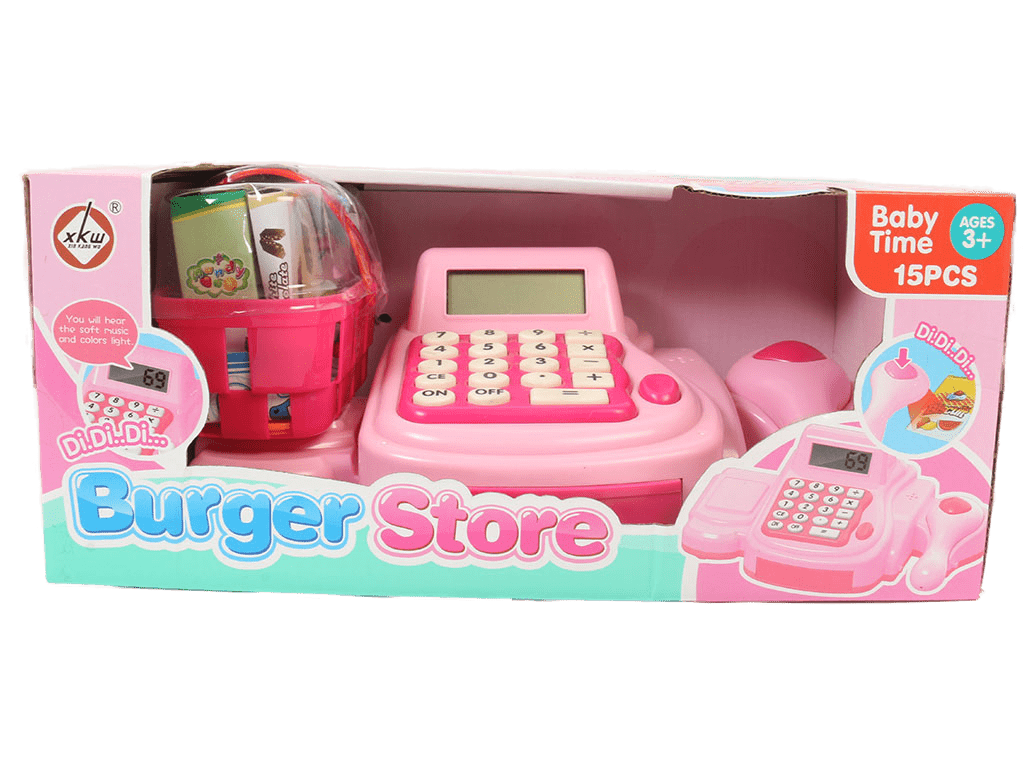 ست صندوق فروشگاهی دیجیتال ماشین حساب دار همراه با بارکدخوان و سبد خرید اسباب بازی