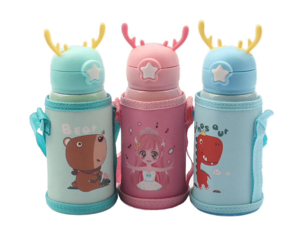 فلاسک دو کاره و قمقمه نی دار دکمه ای 500 میلی لیتر طرح شاخ گوزن همراه با کیف محافظ